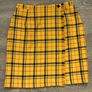 Vintage Kasper Wool Plaid Skirt Yellow Tartan Wrap Fringe Preppy Academia